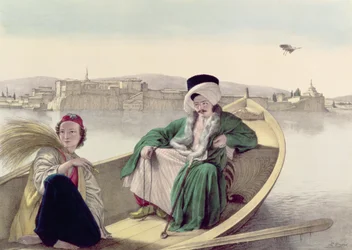 Voyage à Athènes et Constantinople : palais et forteresse de Janina, vus du lac, un Turc et un jeune Grec